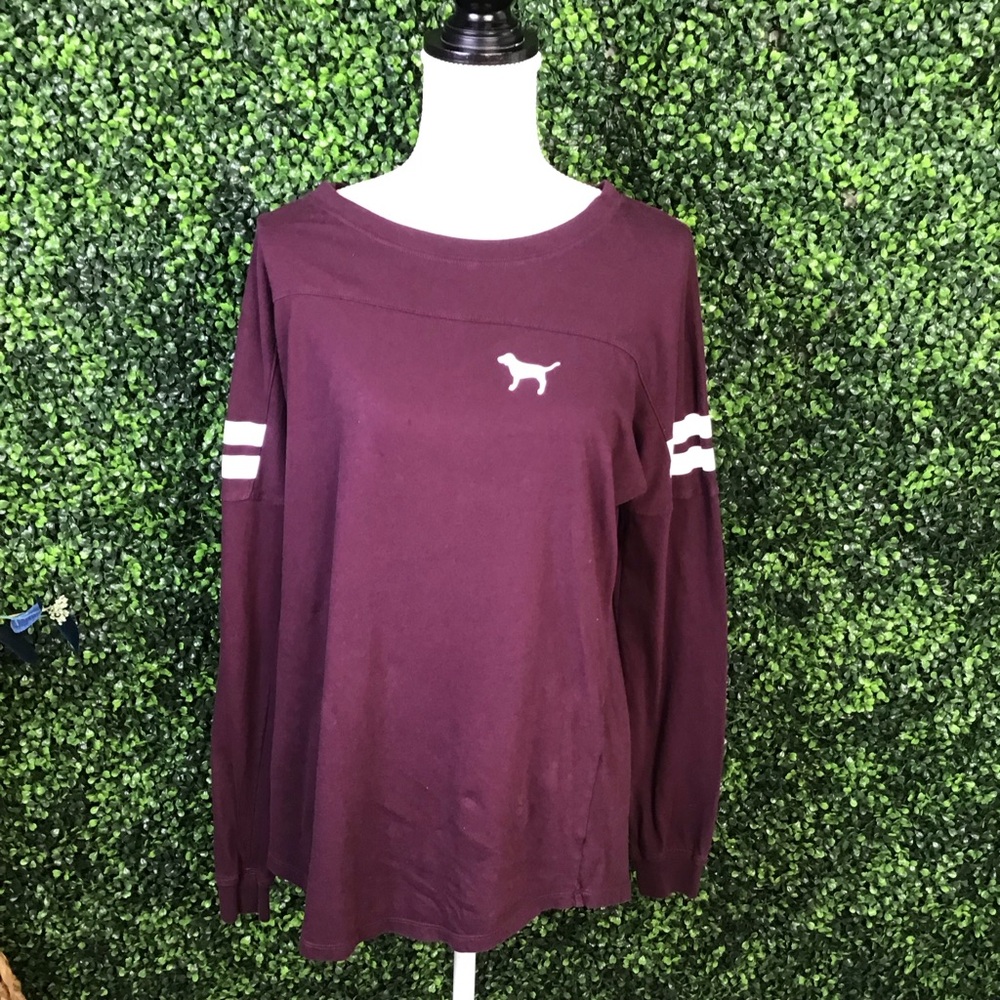 PINK Victoria's Secret Burgundy Long Sleeve open back cut out varsity Tee